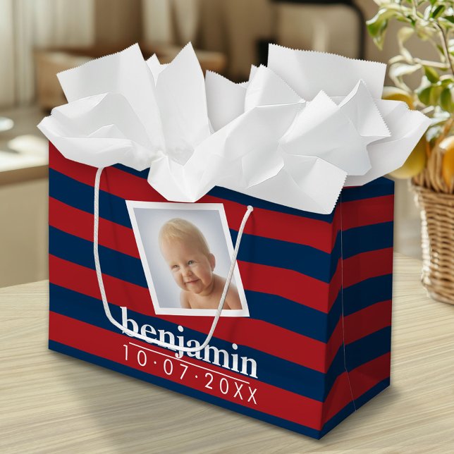 Baby Photo and Birthday Cute Boy Striped Pattern Large Gift Bag (Custom Gift Bag)