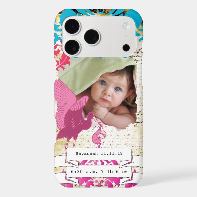 Baby Photo Baby Stats Damask Burnt Edge iPhone (Back)