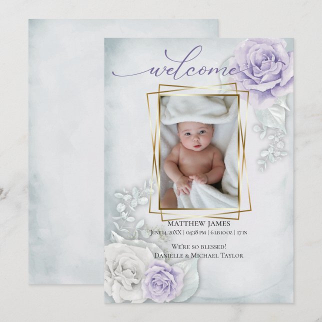 Baby Photo Birth Announcement Blue Lilac Floral (Front/Back)