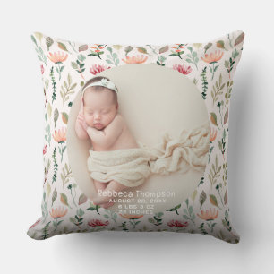 Baby Photo Birth Announcement Keepsake floral Throw Pillow