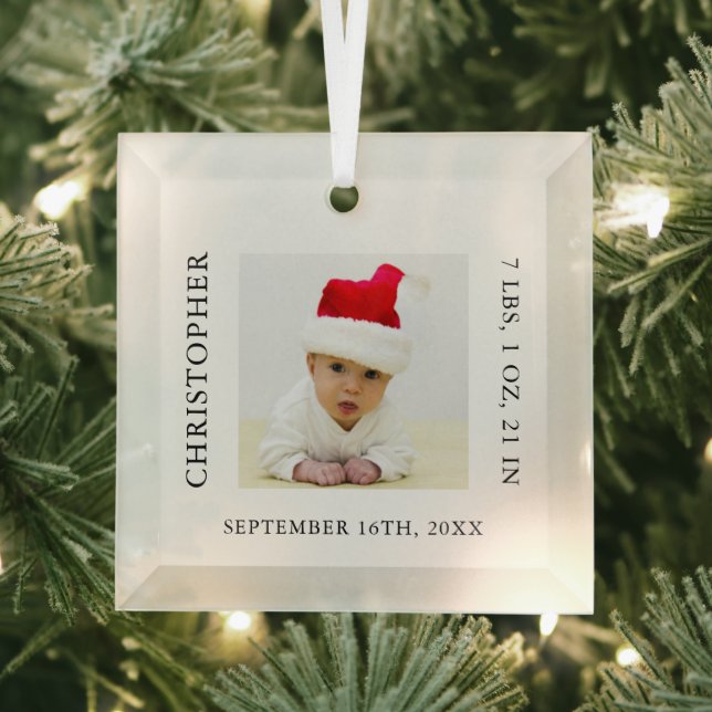 Baby Photo Birth Stats Christmas Glass Ornament (Insitu)