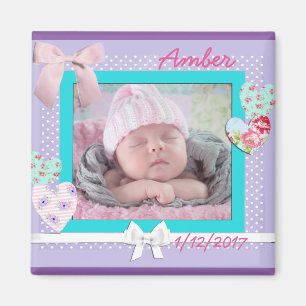 Baby Photo Birthday Announcement Purple and Aqua Magnet