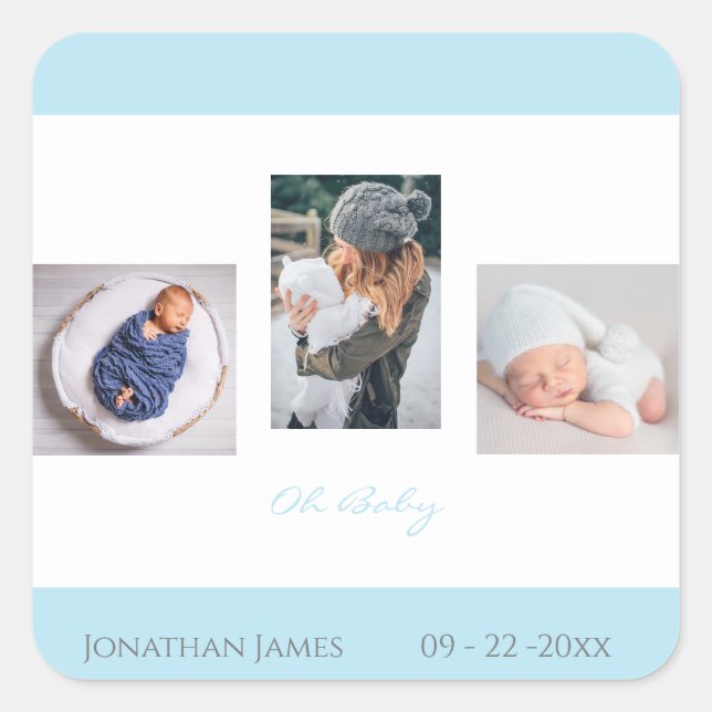 Baby Photo Blue Boy Script Birth Name Announcement Square Sticker (Front)