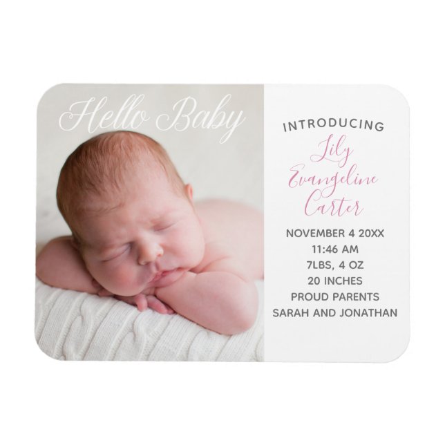 Baby Photo Chic Pink Birth Announcement Magnet (Horizontal)