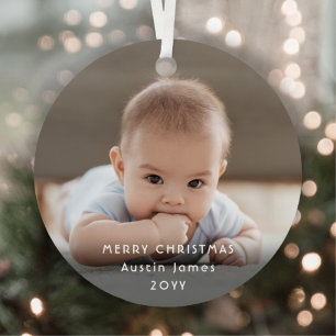 Baby Photo Christmas Merry Blue Jammies Bear Metal Ornament