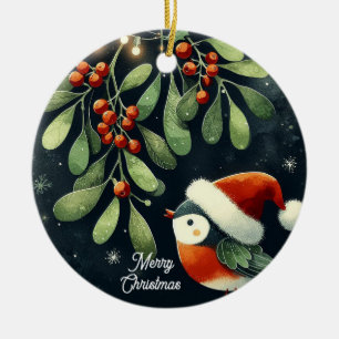 Baby Photo Christmas Mistletoe Robin Wreath  Ceramic Ornament