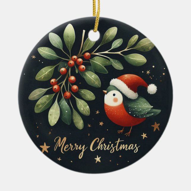 Baby Photo Christmas Mistletoe Robin Wreath Ceramic Ornament (Front)