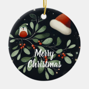 Baby Photo Christmas Mistletoe Robin Wreath  Ceramic Ornament