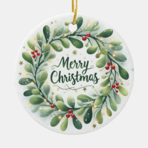 Baby Photo Christmas Mistletoe Wreath Ceramic Ornament
