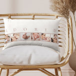 Baby Photo Collage ADORED Pink and White Lumbar Pillow<br><div class="desc">Sweet enough for the nursery and elegant enough for your home - this understated design is perfect to showcase your favourite baby photos. The photo template is set up for you to add 6 of your favourite baby pictures (or indeed pics of anyone that's adored!). Your photos will be displayed...</div>