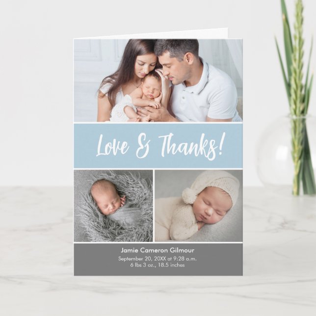 Baby Photo Collage Blue Baby Shower Love & Thanks  Thank You Card (Front)
