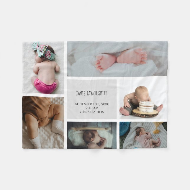 Baby Photo Collage Keepsake Name Birth Date Fleece Blanket (Front (Horizontal))