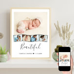 Baby Photo Collage Zigzag Picture Strip Custom Poster<br><div class="desc">Baby photo collage poster with personalized text and zigzag picture strip. The template is set up ready for you to add five photos - the main photo will be used as the background and the remaining 4 photos will be laid out in a zigzag picture strip along the bottom. This...</div>