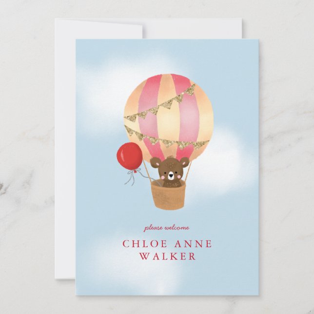 Baby Photo Cute Red Hot Air Balloon Birth Announcement (Front)