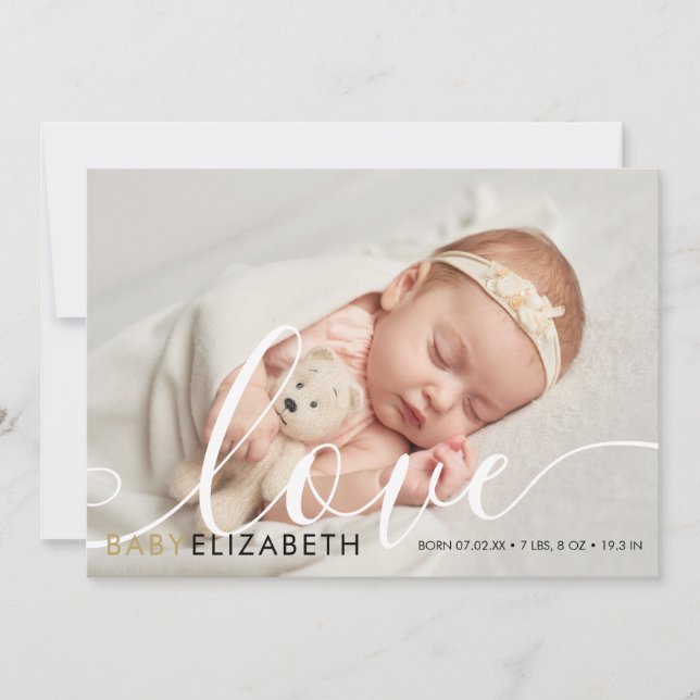 Baby Photo Cute Script Gold Love Hearts Birth Announcement (Front)