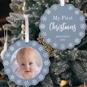Baby Photo Dusty Blue First Christmas Snowflakes Ornament Card