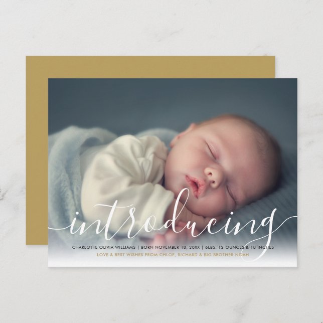 Baby Photo Elegant Script Introducing Gold Birth Announcement Postcard (Front/Back)