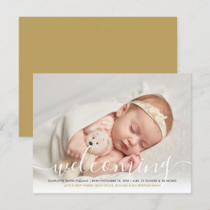 Baby Photo Elegant Script Welcoming Gold Birth Announcement Postcard