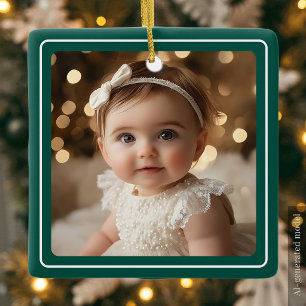 Baby Photo Emerald Green Modern Christmas Script Ceramic Ornament