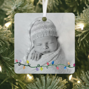 Baby PHOTO First Christmas NAME Year Lights Art Metal Ornament