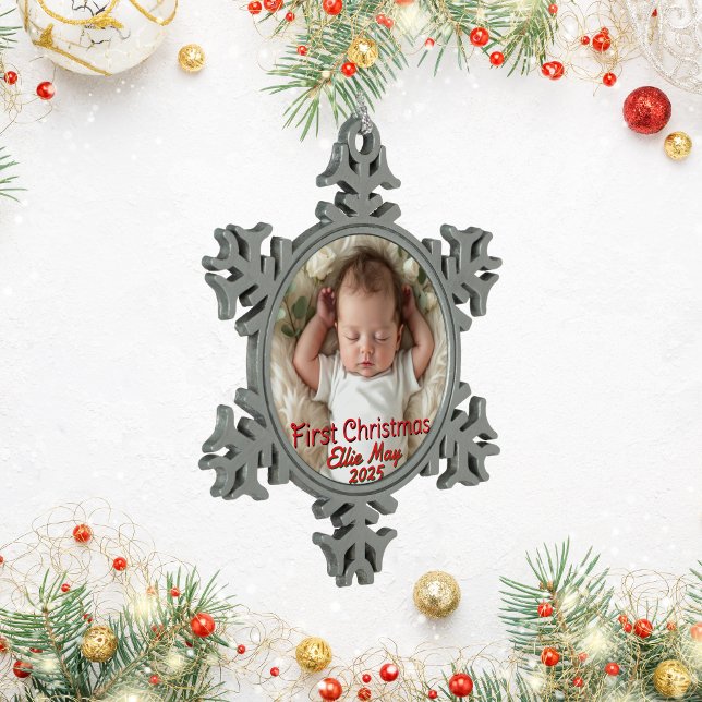 Baby Photo First Christmas Personalize Snowflake Pewter Christmas Ornament (Creator Uploaded)