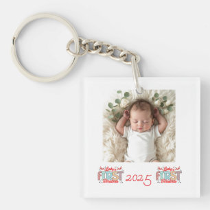 Baby Photo First Christmas Red Personalize Keychain