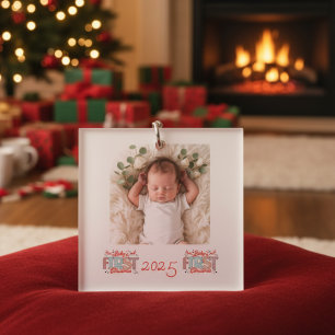 Baby Photo First Christmas Red Personalize Keychain