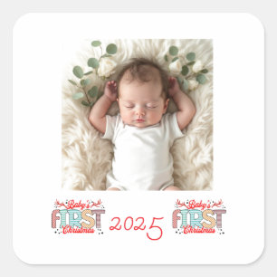 Baby Photo First Christmas Red Personalize Square Sticker