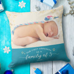 Baby Photo First Hanukkah Family of 3 Star David Throw Pillow<br><div class="desc">“Our First Hanukkah as a family of 3.” A playful visual of champagne gold Stars of David and snowflakes overlaying the photo of your choice and white handwritten script typography with customized year over soft, teal blue, helps you usher in Hanukkah. On the back, additional champagne gold snowflakes and personalized...</div>