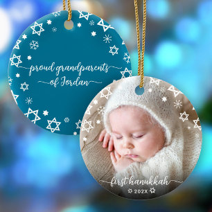 Baby Photo First Hanukkah Grandparents Snowflakes Ceramic Ornament