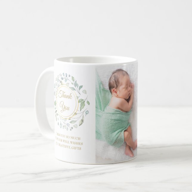 Baby Photo Floral Thank You Birth Annnouncement Coffee Mug (Front Left)