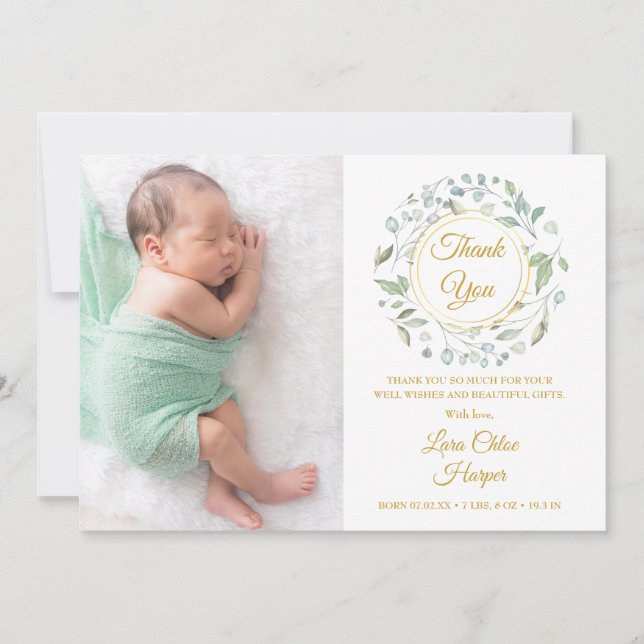 Baby Photo Gold Thank You Greenery Floral Birth Announcement (Front)