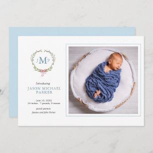 Baby  photo Greenery  monogrammed Announcement