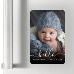 Baby Photo Hello White Script Birth Announcement Magnet<br><div class="desc">Celebrate the arrival of your newest family member with this keepsake flexible magnet, featuring the word "hello" in elegant write handwriting script with swashes at the beginning and end. Personalize it with baby's name and birth date, and replace the sample image with your favourite baby photo. A black gradient filter...</div>