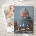 Baby Photo Modern Birth Announcements<br><div class="desc">Elegantly sweet birth announcements feature your favorite newborn photo in full bleed,  with baby's name in slanted white script and the birth stats on the front with 3 photos and your names on the back. MATCHING items in our store.</div>