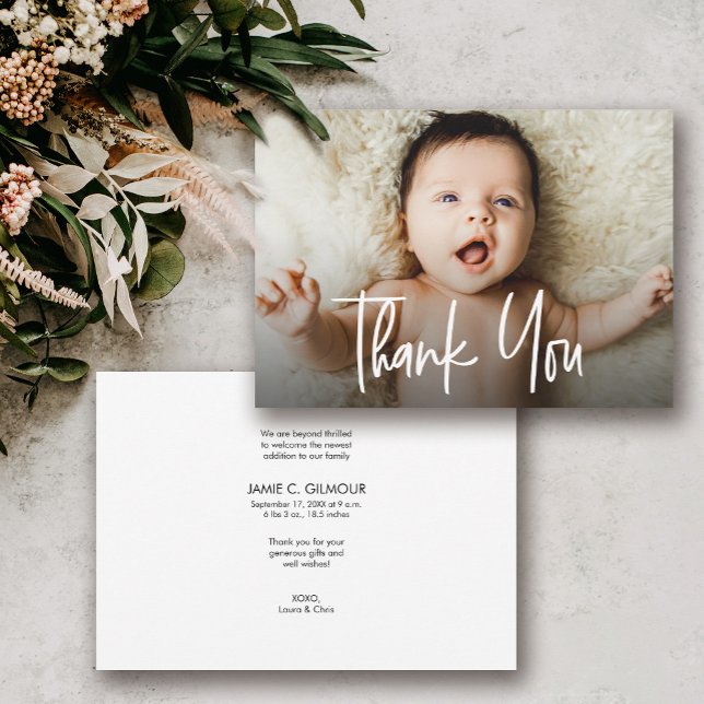 Baby Photo Modern Handlettering Birth thank you (Modern handlettering script thank you baby shower birth announcement card.)