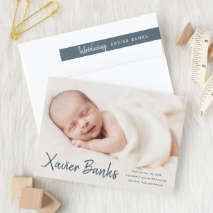 Baby photo modern script name birth announcement