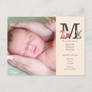Baby Photo Monogram Woodland Animals Birth Announcement Postcard