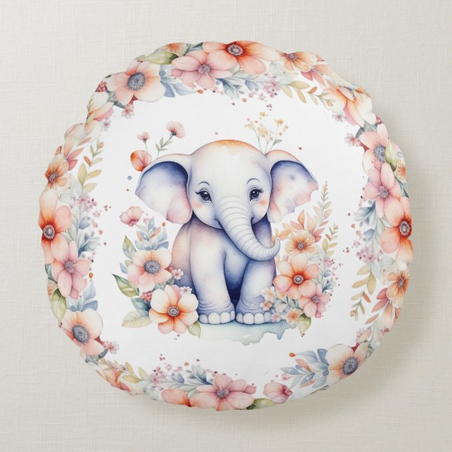 Baby Photo, Name and Birth Date Elephant Themed Round Pillow (Front)
