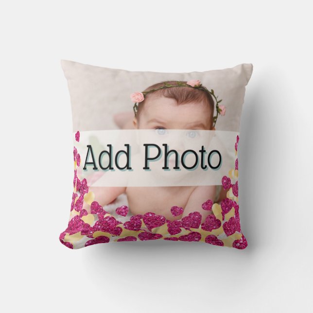 Baby Photo Pink and Gold Glitter Heart Modern love Throw Pillow (Front)