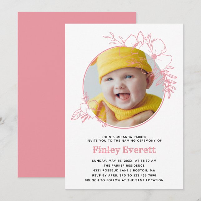 Baby Photo Pink Floral Frame Naming Ceremony Invitation (Front/Back)