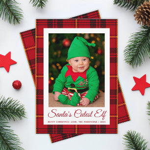 Baby Photo Red Tartan Santa's Cutest Elf Christmas Holiday Card