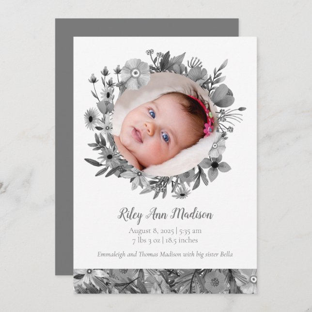 Baby Photo Spring Modern Grey Floral Announcement (Front/Back)