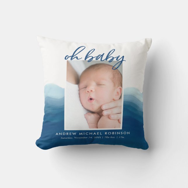 Baby Photo Stats Blue Ombre Watercolor Throw Pillow (Front)
