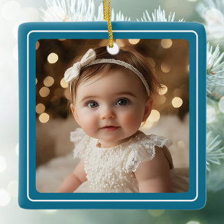 Baby Photo Teal Modern Christmas White Script Ceramic Ornament