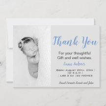 Baby Photo Thank You Blue Birth Announcement