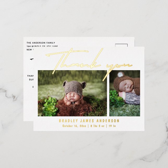 Baby Photo Thank You Modern Script Birth Foil Foil Invitation Postcard (Front/Back)