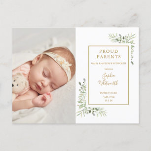Baby Photo Watercolor Greenery Birth Announcement Postcard