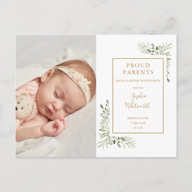 Baby Photo Watercolor Greenery Birth Announcement  Postcard (Front)