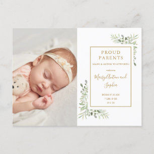 Baby Photo Watercolor Greenery Thank You Birth Announcement Postcard